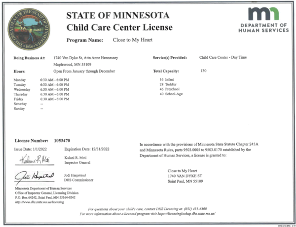 State of Minnesota Childcare License